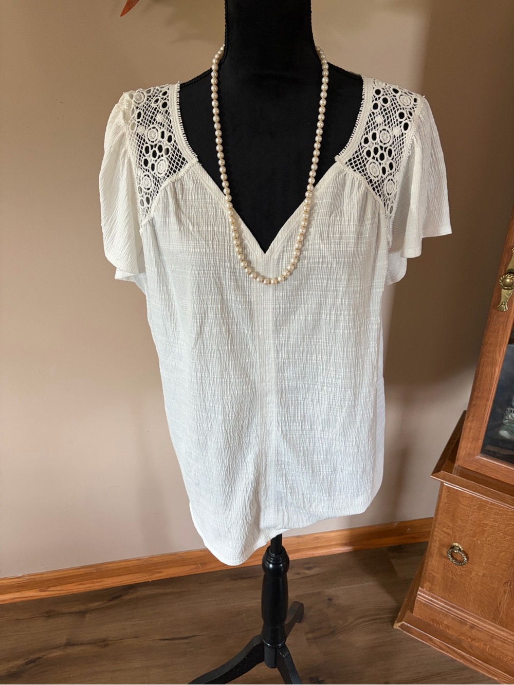 Max Studio White Crochet Yoke V-Neck Blouse